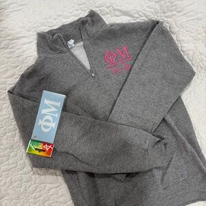 Phi Mu Sorority Grey and Pink Quarter Zip Sweatshirt & Car Decal Sticker
